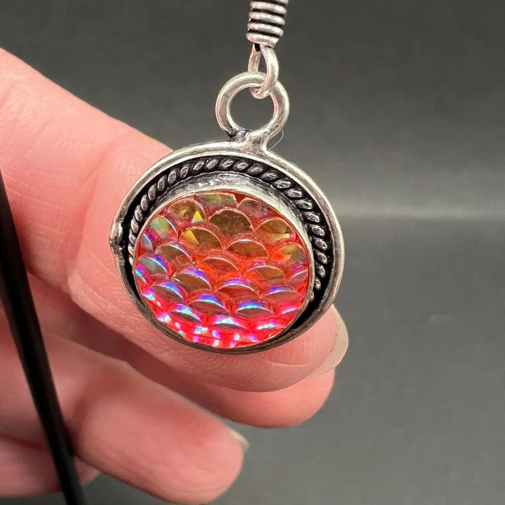 Mermaid‎ Earrings Silver Tone Pink Orange Iridescent Scales Festival